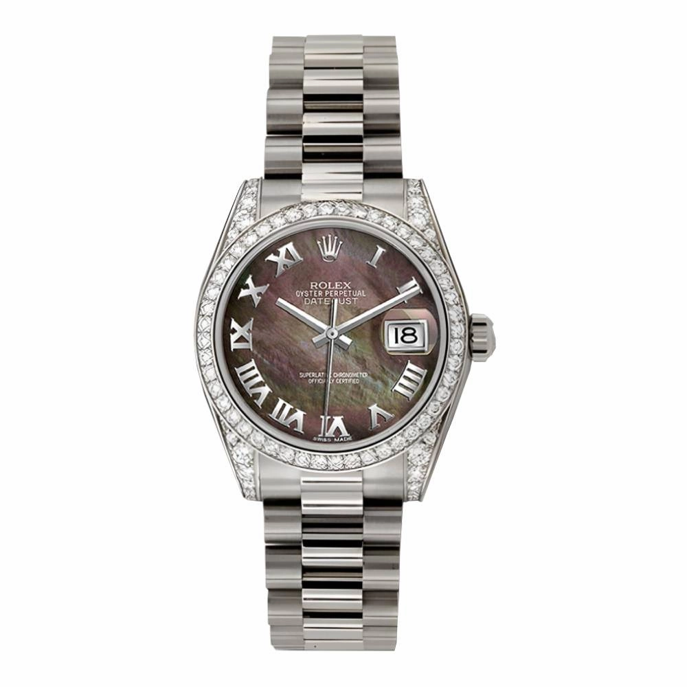 Rolex Datejust 31mm - Ref: 178159 dkmrp - Dark Mother of Pearl Dial & Diamond Bezel, 18K White Gold President Bracelet Women's Watch