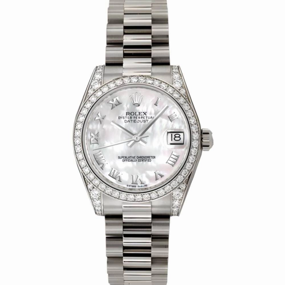 Rolex Datejust 31mm - Ref: 178159 mrp - White Mother of Pearl Dial & Diamond Bezel, 18K White Gold President Bracelet Women's Watch