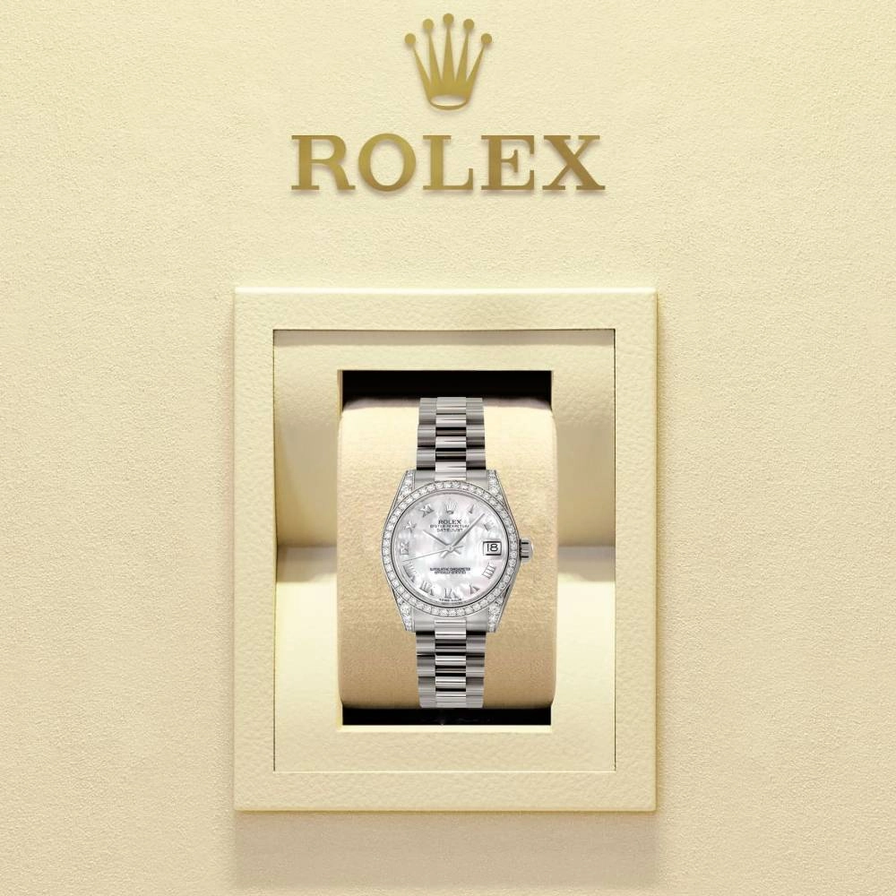 Rolex Datejust 31mm - Ref: 178159 mrp - White Mother of Pearl Dial & Diamond Bezel, 18K White Gold President Bracelet Women's Watch