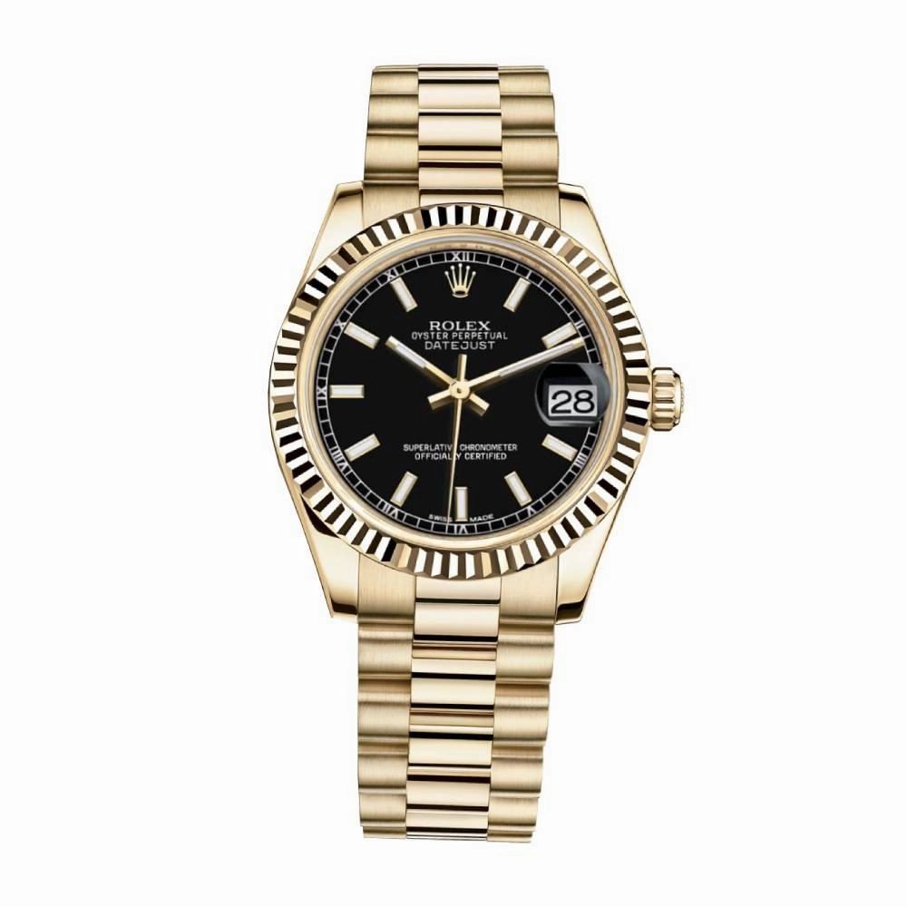 Rolex Datejust 31mm - Ref: 178278 bkip - Black Dial, 18K Yellow Gold President Bracelet Women's Watch