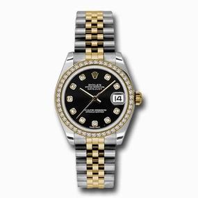 Rolex Datejust 31mm - Ref: 178383 bkdj - Black Diamond Dial & Diamond Bezel, Two Tone Stainless Steel & 18K Yellow Gold Jubilee Bracelet Women's Watch