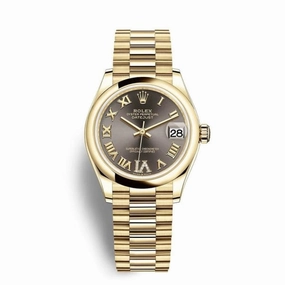 Rolex Datejust 31mm - Ref: 278248-0032 - Grey Roman Diamond Dial, 18K Yellow Gold Presidential Bracelet Women's Watch