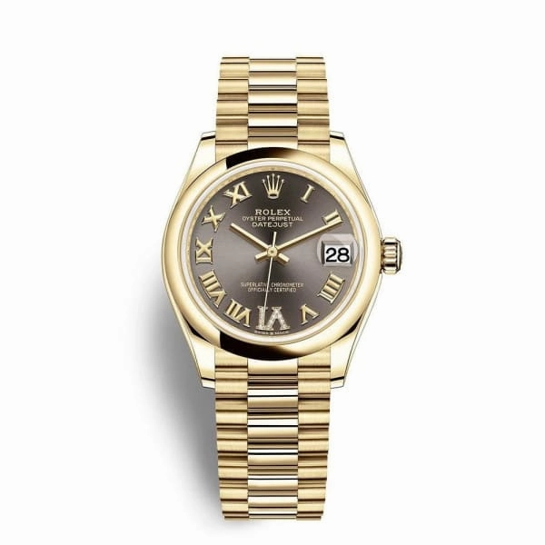 Rolex Datejust 31mm - Ref: 278248-0032 - Grey Roman Diamond Dial, 18K Yellow Gold Presidential Bracelet Women's Watch