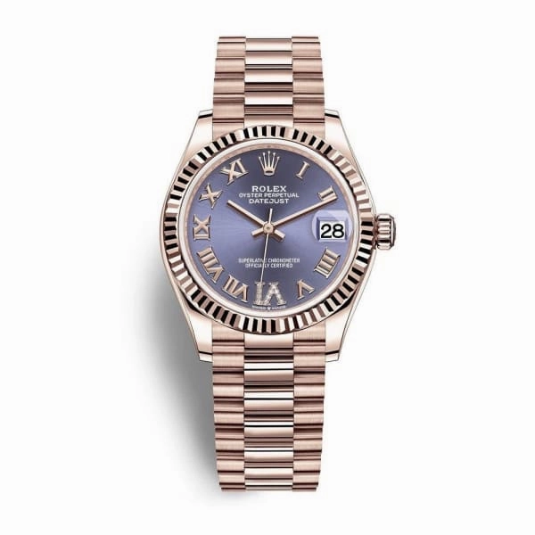 Rolex Datejust 31mm - Ref: 278275-0029 - Aubergine Purple Diamond Roman Dial, 18K Rose Gold President Bracelet Women's Watch