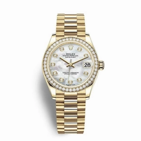 Rolex Datejust 31mm - Ref: 278288rbr-0006 - White Mother of Pearl Diamond Dial & Diamond Bezel, 18K Yellow Gold President Bracelet Women's Watch