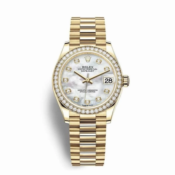 Rolex Datejust 31mm - Ref: 278288rbr-0006 - White Mother of Pearl Diamond Dial & Diamond Bezel, 18K Yellow Gold President Bracelet Women's Watch