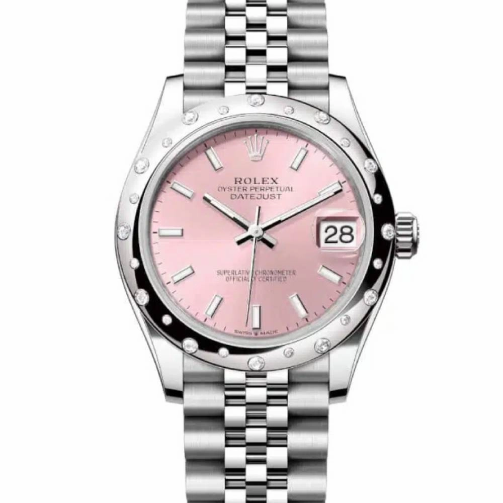 Rolex Datejust 31mm - Ref: 278344rbr-0016 - Pink Stick Dial & Diamond Bezel, Stainless Steel Jubilee Bracelet Women's Watch