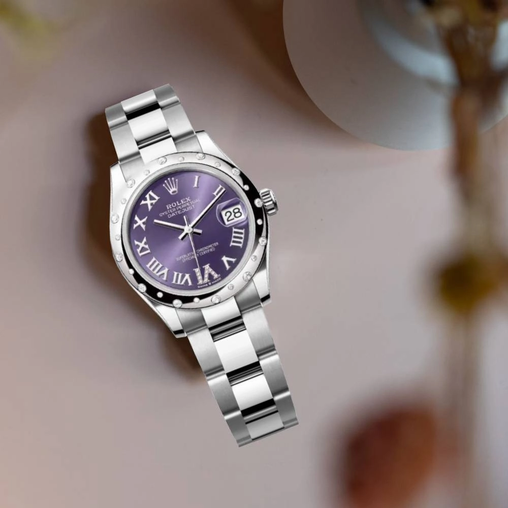 Rolex Datejust 31mm - Ref: 278344rbr-0027 - Aubergine Purple Roman Diamond Dial & Diamond Bezel, Stainless Steel Oyster Bracelet Women's Watch
