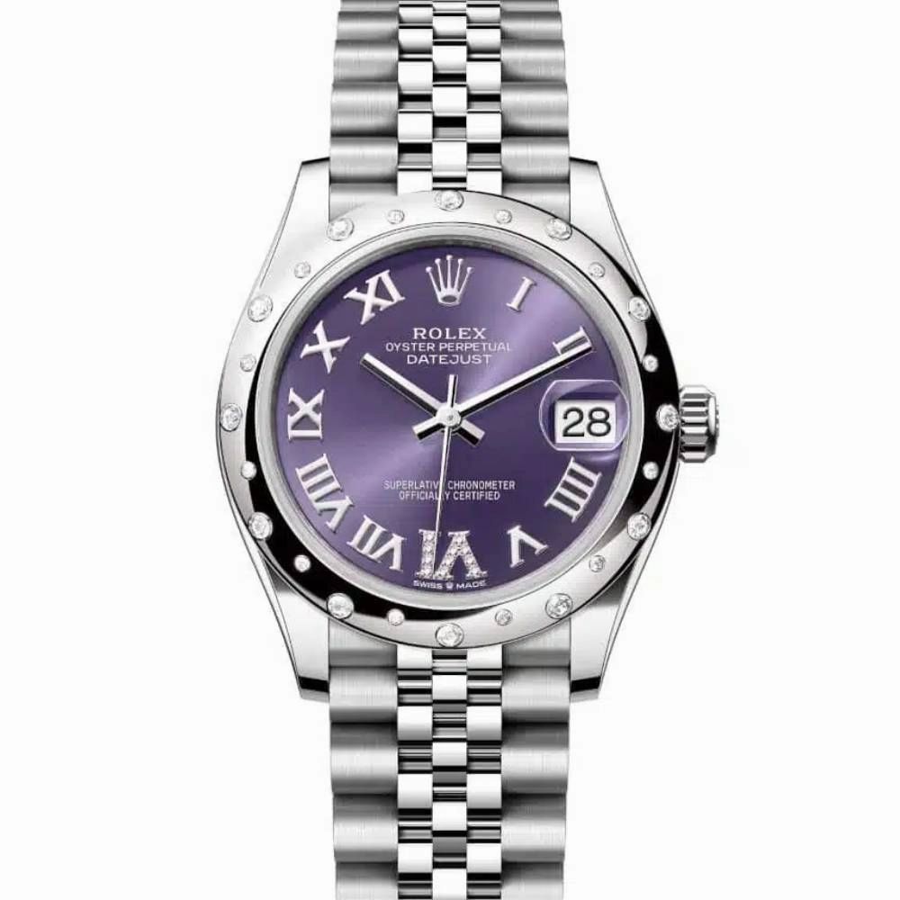Rolex Datejust 31mm - Ref: 278344rbr-0028 - Aubergine Purple Roman Diamond Dial & Diamond Bezel, Stainless Steel Jubilee Bracelet Women's Watch