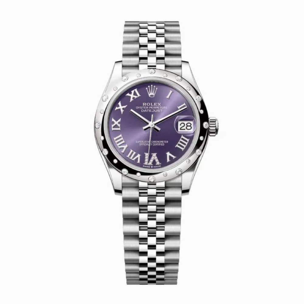 Rolex Datejust 31mm - Ref: 278344rbr-0028 - Aubergine Purple Roman Diamond Dial & Diamond Bezel, Stainless Steel Jubilee Bracelet Women's Watch