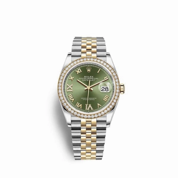 Rolex Datejust 36mm - Ref: 126283rbr-0011 - Green Roman Diamond Dial & Diamond Bezel, Two Tone Stainless Steel & 18K Yellow Gold Jubilee Bracelet Watch