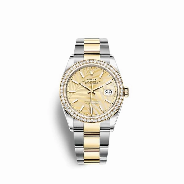 Rolex Datejust 36mm - Ref: 126283rbr-0024 - Golden Palm Motif Dial & Diamond Bezel, Two Tone Stainless Steel & 18K Yellow Gold Oyster Bracelet Watch