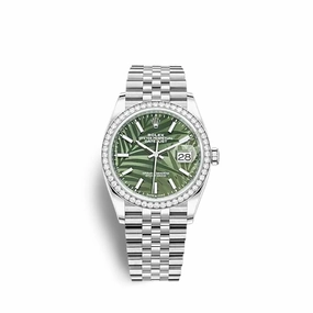 Rolex Datejust 36mm - Ref: 126284rbr-0039 - Green Palm Motif Dial & Diamond Bezel, Stainless Steel Jubilee Bracelet Watch