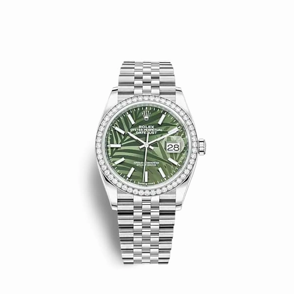Rolex Datejust 36mm - Ref: 126284rbr-0039 - Green Palm Motif Dial & Diamond Bezel, Stainless Steel Jubilee Bracelet Watch