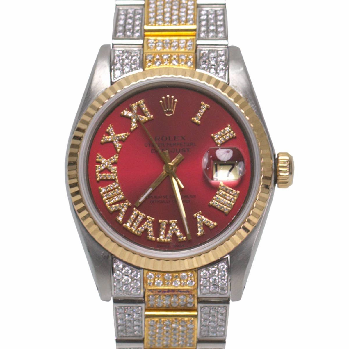 Rolex Datejust 36mm - Ref: ROL-45012 - Red Diamond Roman Dial, Two Tone Stainless Steel & 18K Yellow Gold Custom Diamond Oyster Bracelet Watch