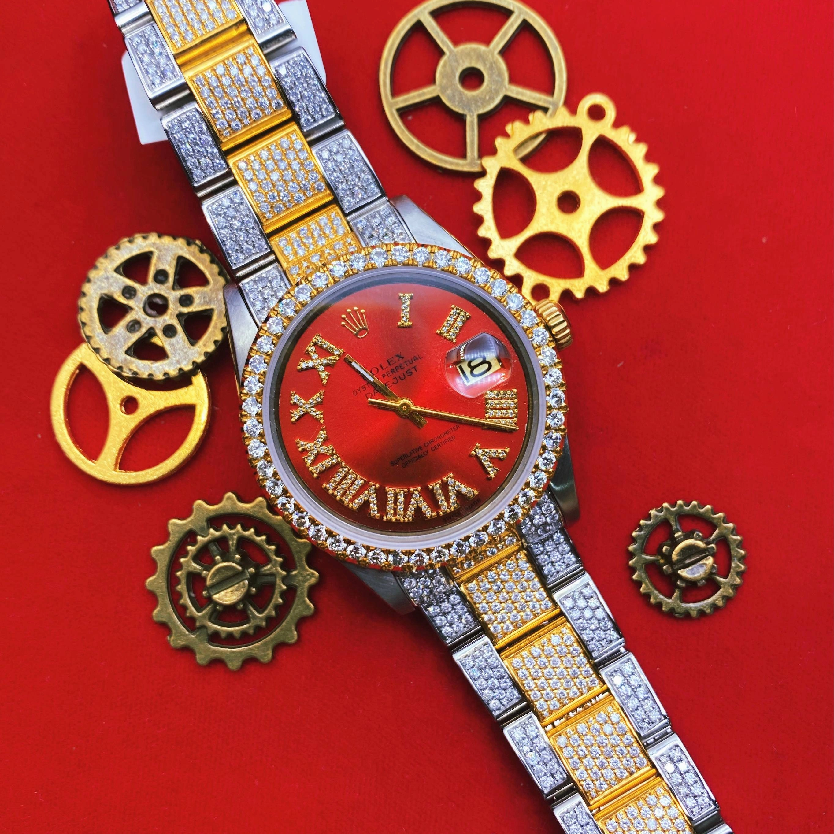 Rolex Datejust 36mm - Ref: ROL-45012 - Red Diamond Roman Dial, Two Tone Stainless Steel & 18K Yellow Gold Custom Diamond Oyster Bracelet Watch