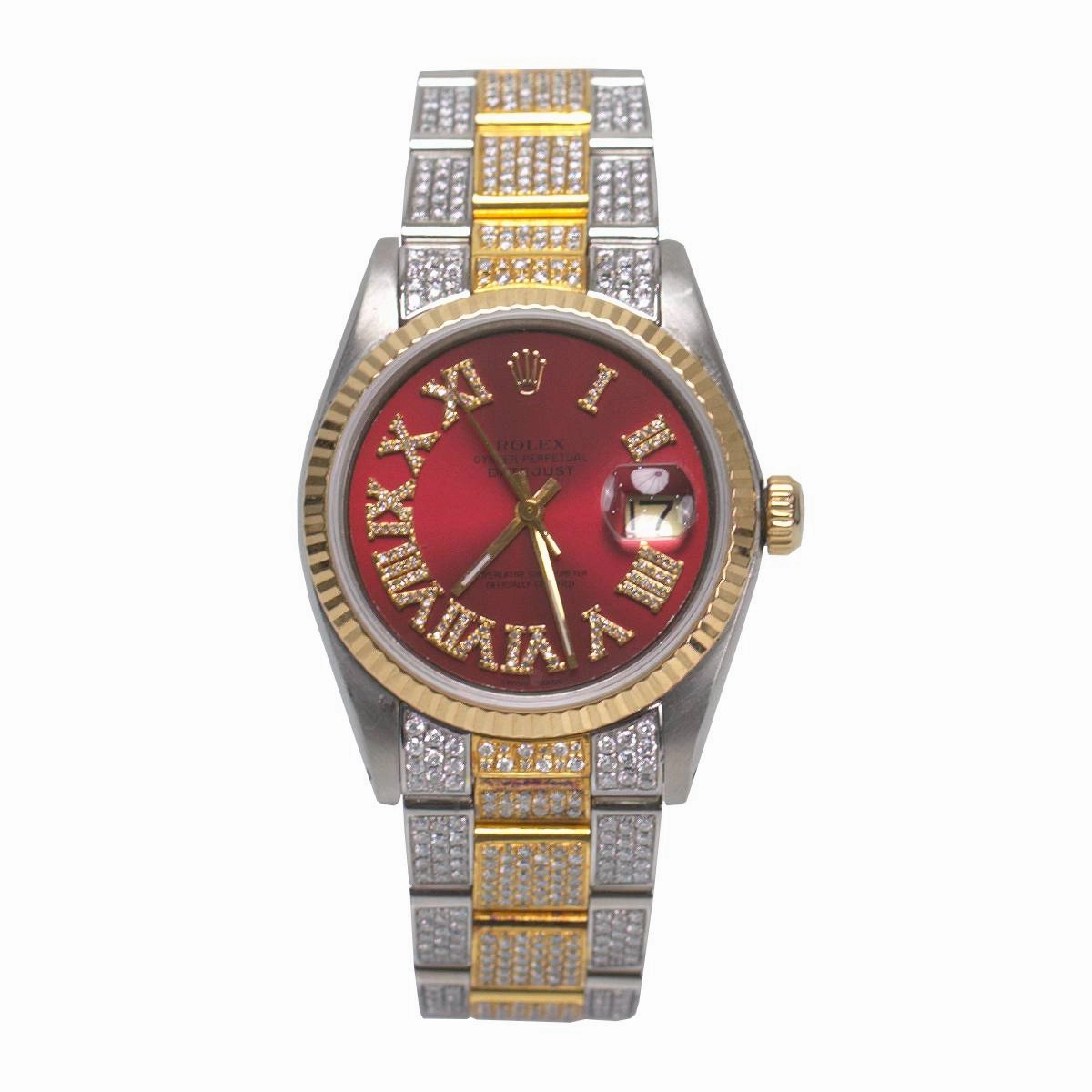 Rolex Datejust 36mm - Ref: ROL-45012 - Red Diamond Roman Dial, Two Tone Stainless Steel & 18K Yellow Gold Custom Diamond Oyster Bracelet Watch
