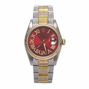 Rolex Datejust 36mm - Ref: ROL-45012 - Red Diamond Roman Dial, Two Tone Stainless Steel & 18K Yellow Gold Custom Diamond Oyster Bracelet Watch
