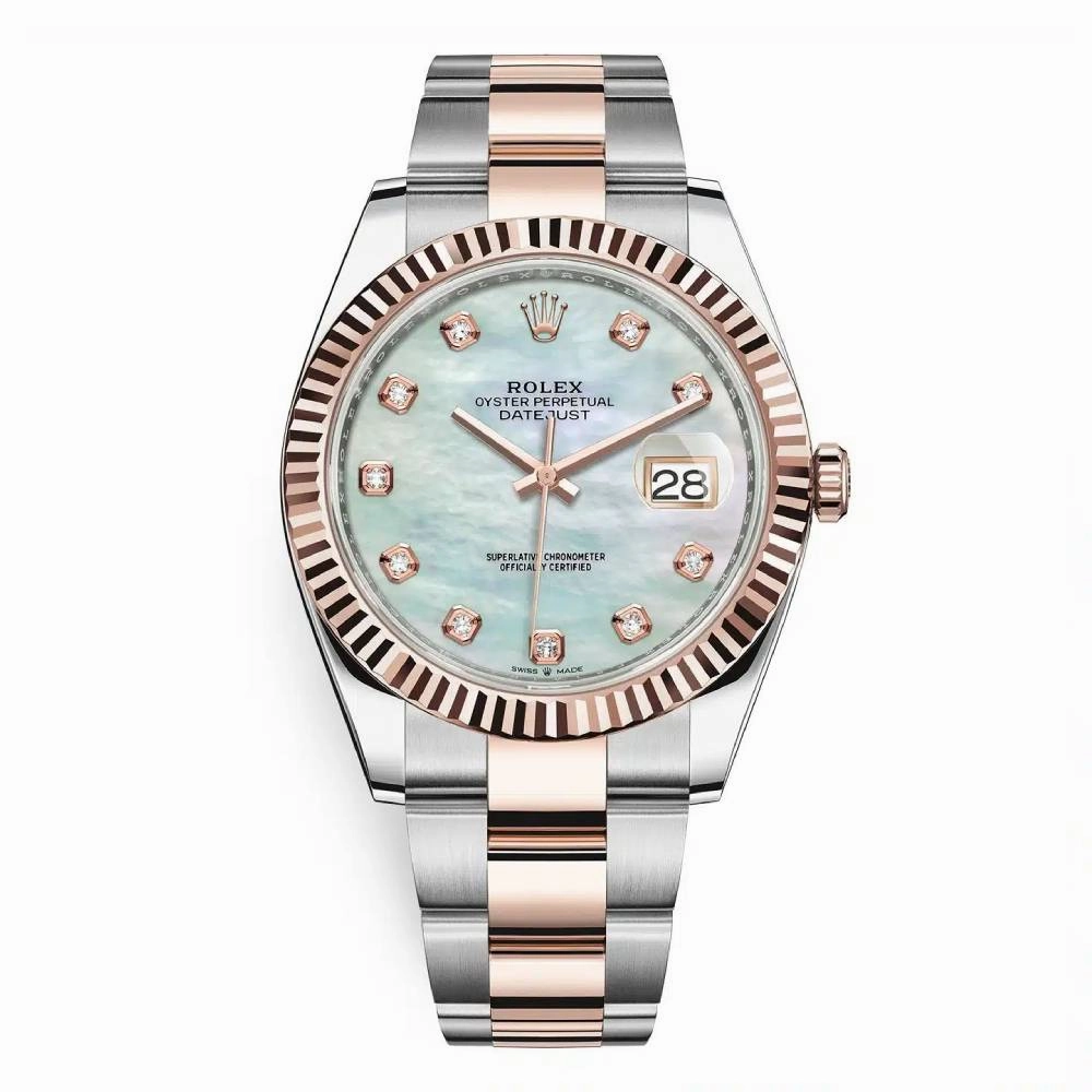 Rolex Datejust 41mm - Ref: 126331-0013 - White Mother of Pearl Diamond Dial, Two Tone Stainless Steel & 18K Rose Gold Oyster Bracelet Men's Watch