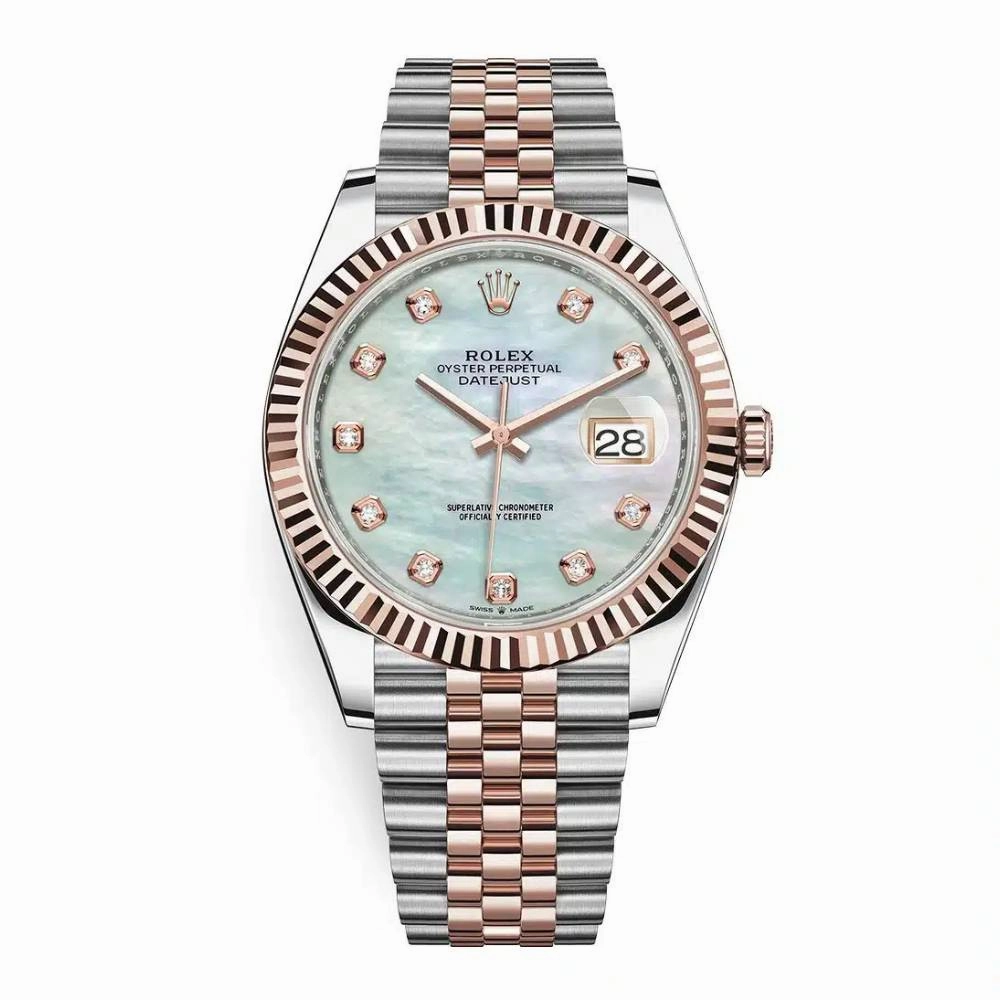 Rolex Datejust 41mm - Ref: 126331-0014 - White Mother of Pearl Diamond Dial, Two Tone Stainless Steel & 18K Rose Gold Jubilee Bracelet Men's Watch