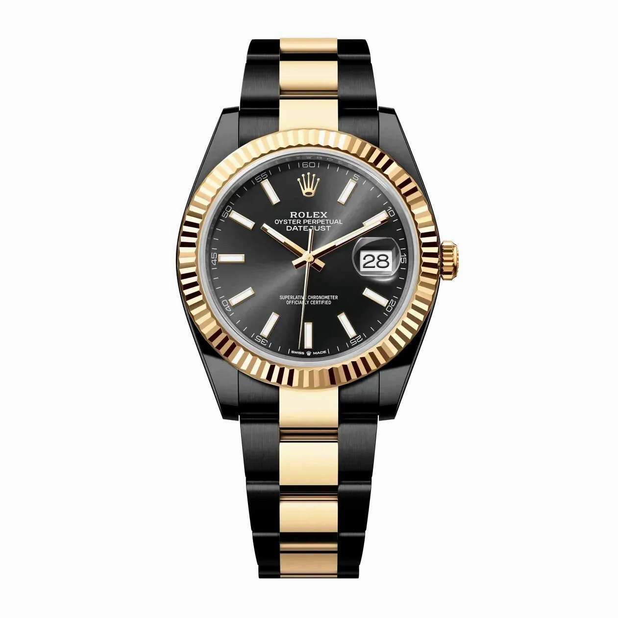 Rolex Datejust 41mm - Ref: 126333-0013 (PVD) - Black Stick Dial, Two Tone Black PVD & 18K Yellow Gold Oyster Bracelet Men's Watch
