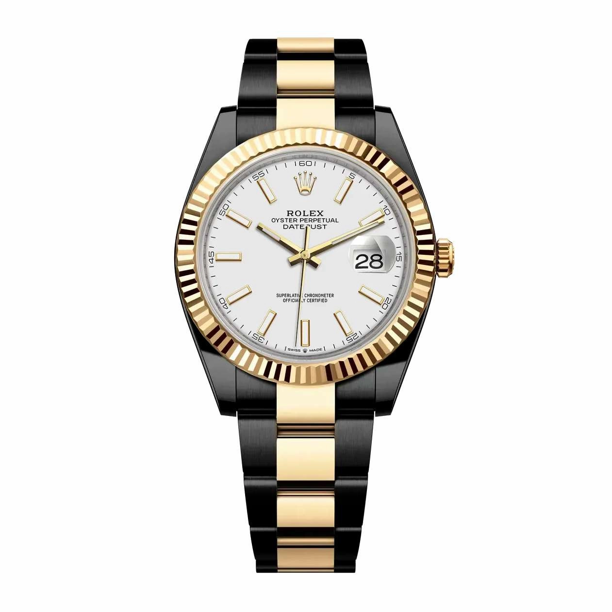 Rolex Datejust 41mm - Ref: 126333-0015 (PVD) - White Stick Dial, Two Tone Black PVD & 18K Yellow Gold Oyster Bracelet Men's Watch