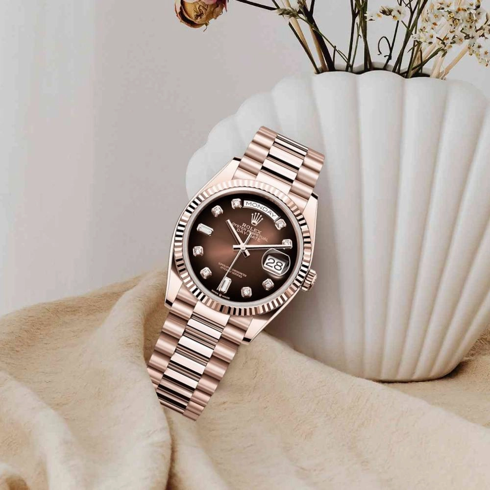 Rolex Day Date 36mm - Ref: 128235-0037 - Brown Ombre Diamond Dial & Fluted Bezel, 18K Rose Gold President Bracelet Watch