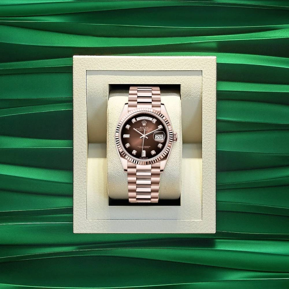 Rolex Day Date 36mm - Ref: 128235-0037 - Brown Ombre Diamond Dial & Fluted Bezel, 18K Rose Gold President Bracelet Watch