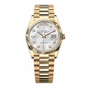 Rolex Day Date 36mm - Ref: 128238-0011 - White Mother of Pearl Diamond Dial & Fluted Bezel, 18K Yellow Gold President Bracelet Watch