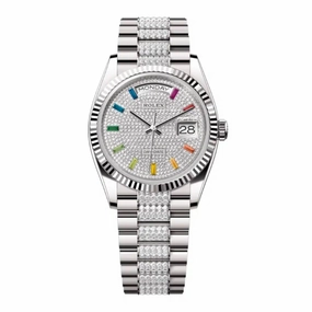 Rolex Day Date 36mm - Ref: 128239-0027 - Pave Rainbow Diamond Dial & Fluted Bezel, 18K White Gold & Diamonds President Bracelet Watch