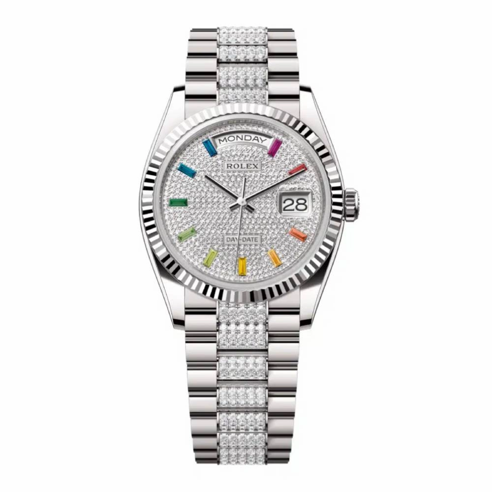 Rolex Day Date 36mm - Ref: 128239-0027 - Pave Rainbow Diamond Dial & Fluted Bezel, 18K White Gold & Diamonds President Bracelet Watch