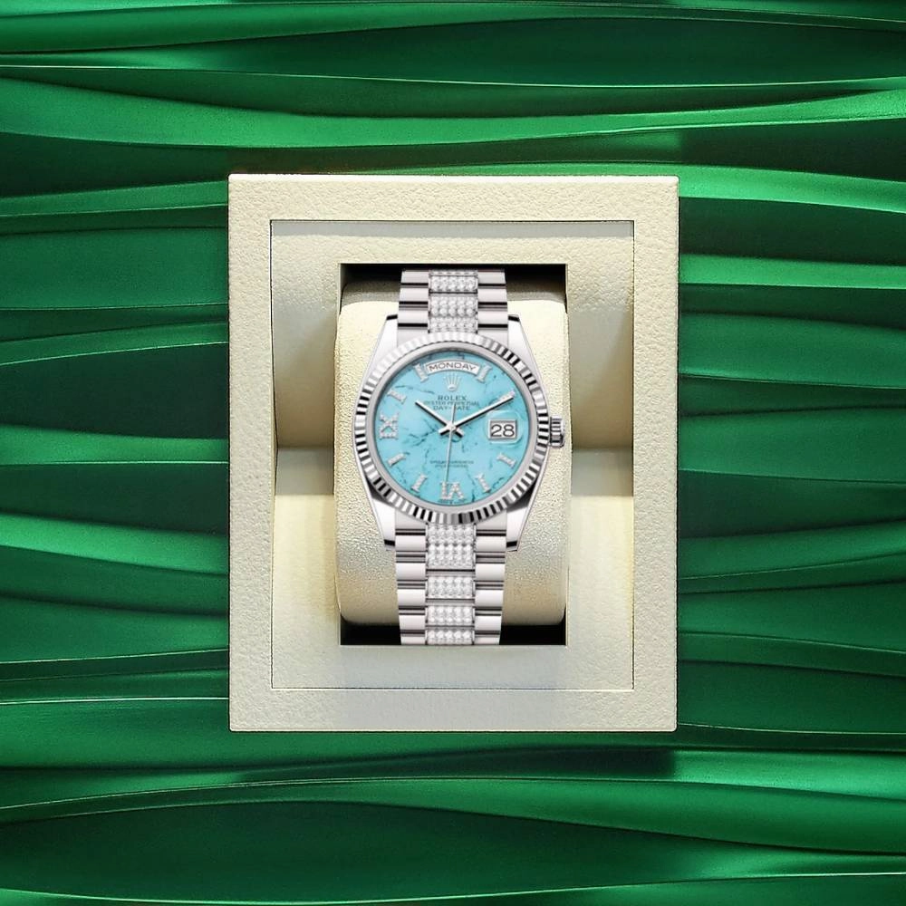 Rolex Day Date 36mm - Ref: 128239 - Tiffany Blue Turquoise Diamond Dial & Fluted Bezel, 18K White Gold & Diamonds President Bracelet Watch