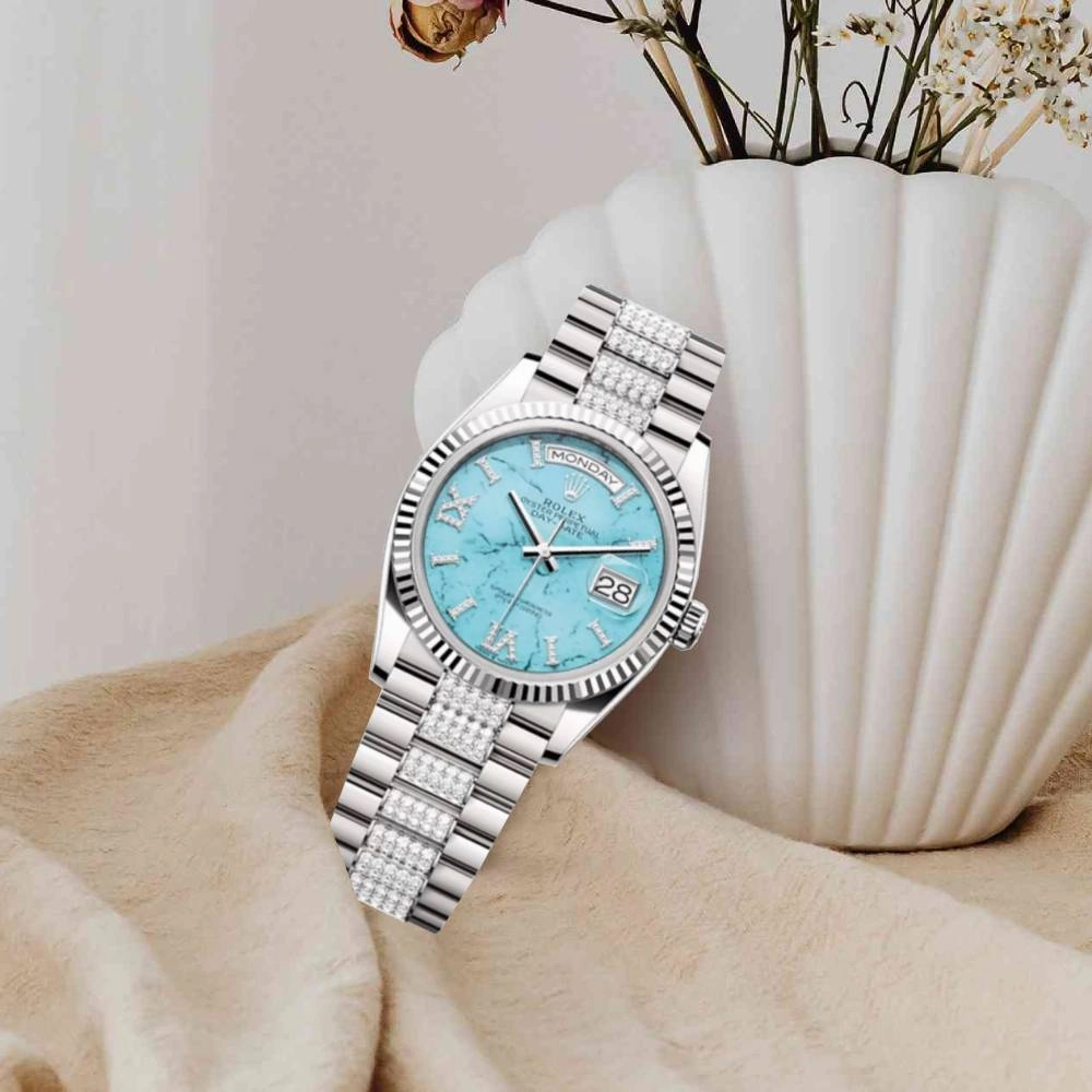 Rolex Day Date 36mm - Ref: 128239 - Tiffany Blue Turquoise Diamond Dial & Fluted Bezel, 18K White Gold & Diamonds President Bracelet Watch