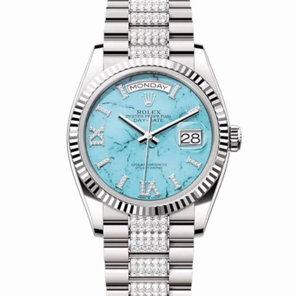 Rolex Day Date 36mm - Ref: 128239 - Tiffany Blue Turquoise Diamond Dial & Fluted Bezel, 18K White Gold & Diamonds President Bracelet Watch