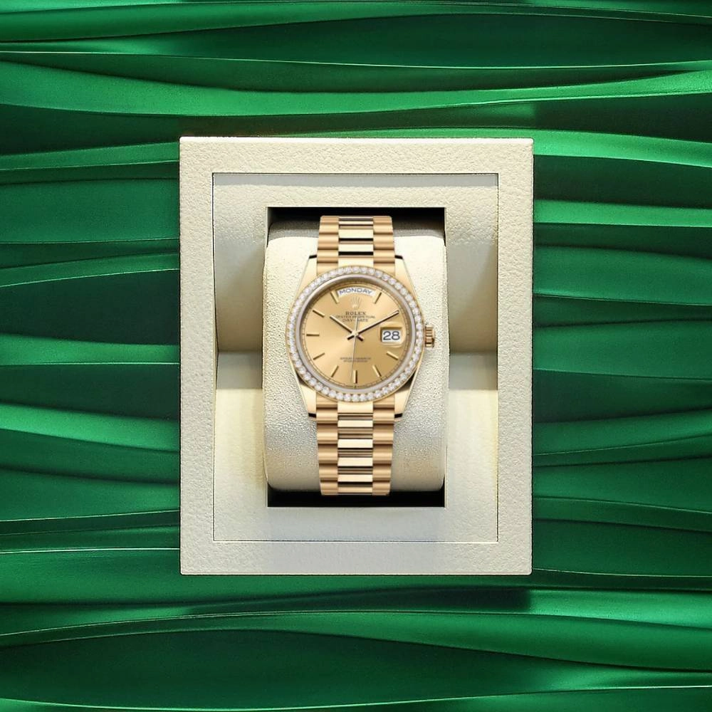 Rolex Day Date 36mm - Ref: 128348rbr-0026 - Champagne Stick Dial & Diamond Bezel, 18K Yellow Gold President Bracelet Watch