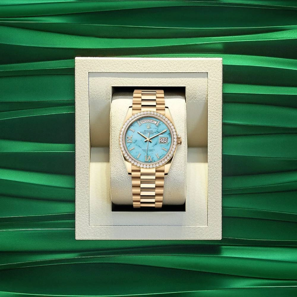 Rolex Day Date 36mm - Ref: 128348rbr-0037 - Tiffany Blue Turquoise Diamond Dial & Diamond Bezel, 18K Yellow Gold President Bracelet Watch