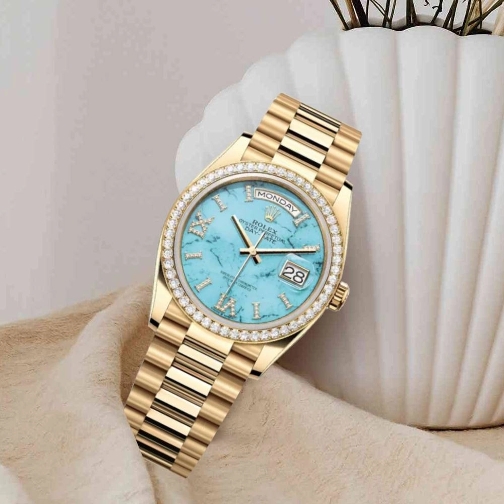 Rolex Day Date 36mm - Ref: 128348rbr-0037 - Tiffany Blue Turquoise Diamond Dial & Diamond Bezel, 18K Yellow Gold President Bracelet Watch