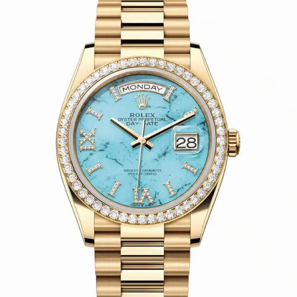 Rolex Day Date 36mm - Ref: 128348rbr-0037 - Tiffany Blue Turquoise Diamond Dial & Diamond Bezel, 18K Yellow Gold President Bracelet Watch