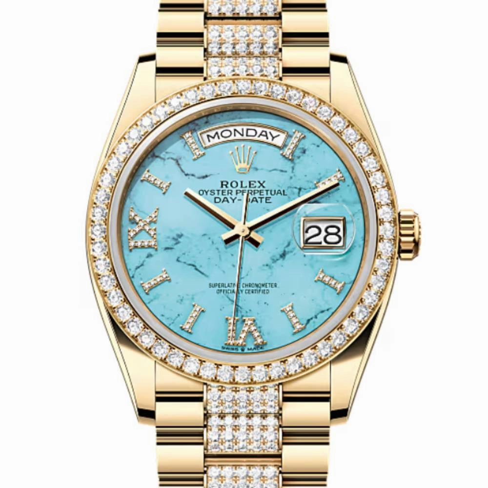 Rolex Day Date 36mm - Ref: 128348rbr-0038 - Tiffany Blue Turquoise Diamond Dial & Diamond Bezel, 18K Yellow Gold & Diamonds President Bracelet Watch