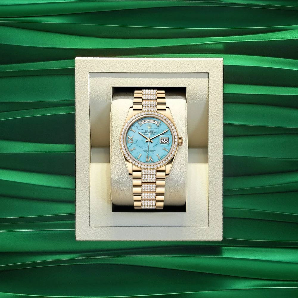 Rolex Day Date 36mm - Ref: 128348rbr-0038 - Tiffany Blue Turquoise Diamond Dial & Diamond Bezel, 18K Yellow Gold & Diamonds President Bracelet Watch