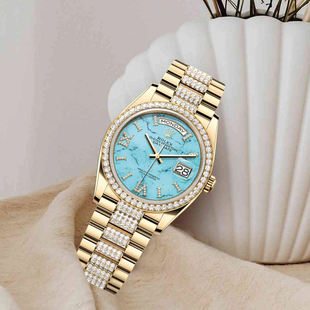 Rolex Day Date 36mm - Ref: 128348rbr-0038 - Tiffany Blue Turquoise Diamond Dial & Diamond Bezel, 18K Yellow Gold & Diamonds President Bracelet Watch