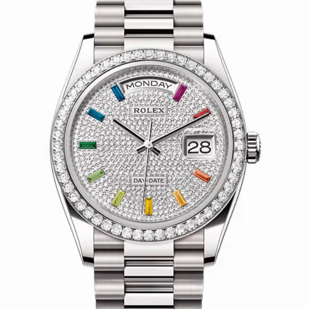 Rolex Day Date 36mm - Ref: 128349rbr-0006 - Pave Rainbow Diamond Dial & Diamond Bezel, 18K White Gold President Bracelet Watch