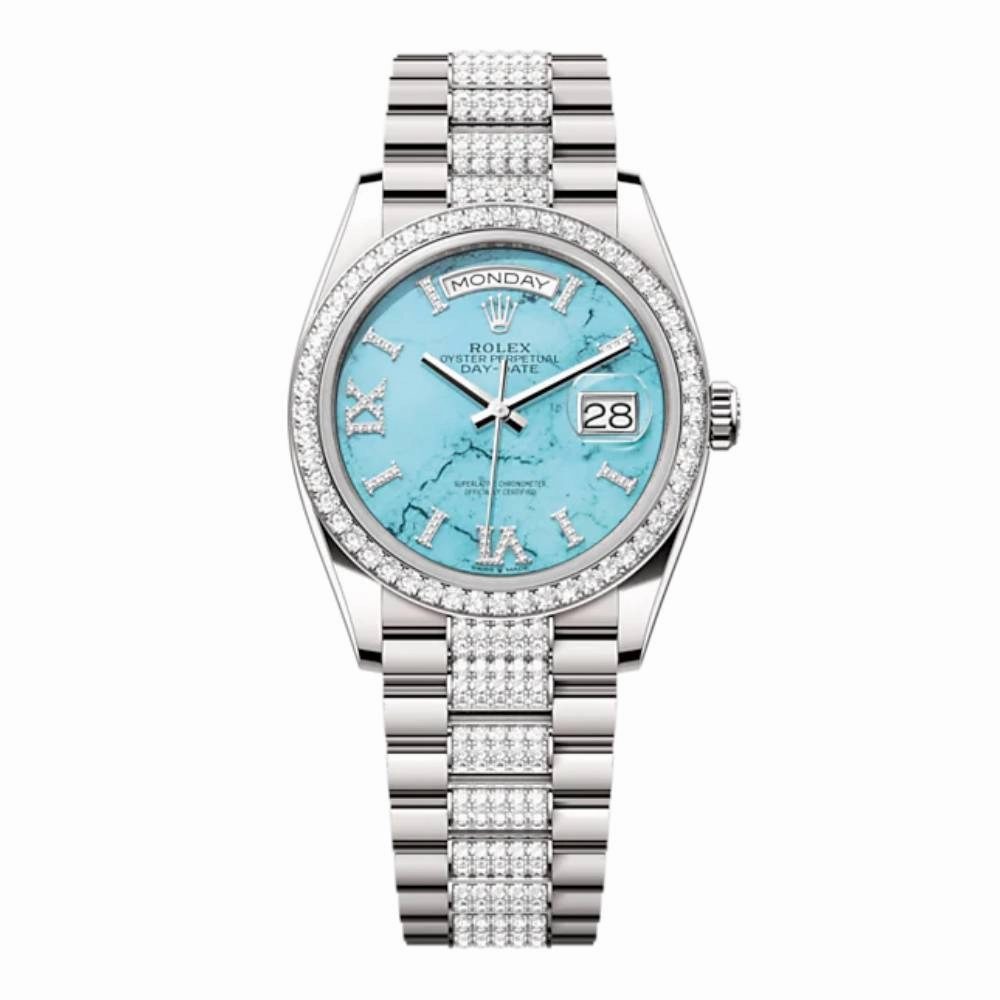 Rolex Day Date 36mm - Ref: 128349RBR - Tiffany Blue Turquoise Diamond Dial & Diamond Bezel, 18K White Gold & Diamonds President Bracelet Watch