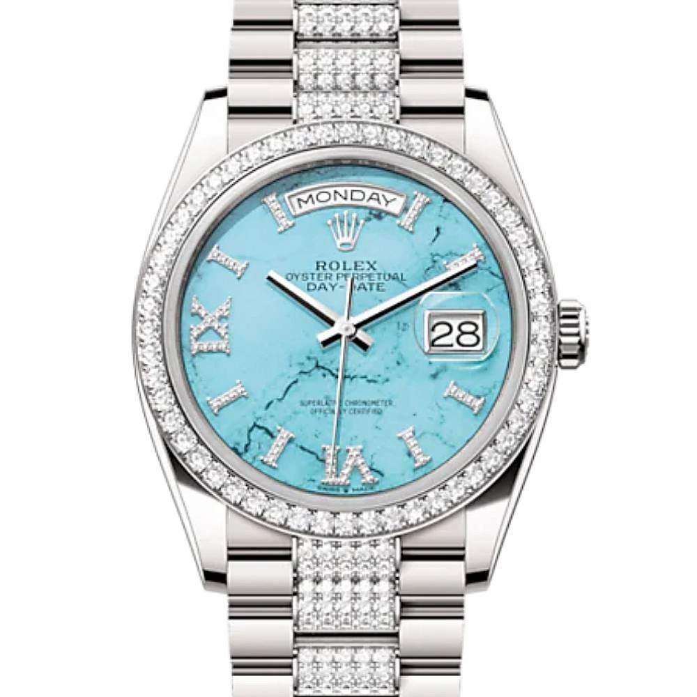 Rolex Day Date 36mm - Ref: 128349RBR - Tiffany Blue Turquoise Diamond Dial & Diamond Bezel, 18K White Gold & Diamonds President Bracelet Watch