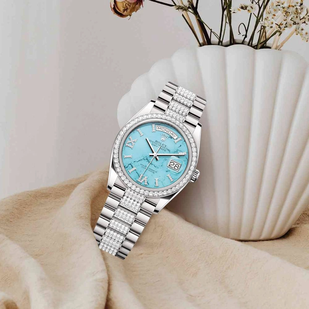 Rolex Day Date 36mm - Ref: 128349RBR - Tiffany Blue Turquoise Diamond Dial & Diamond Bezel, 18K White Gold & Diamonds President Bracelet Watch