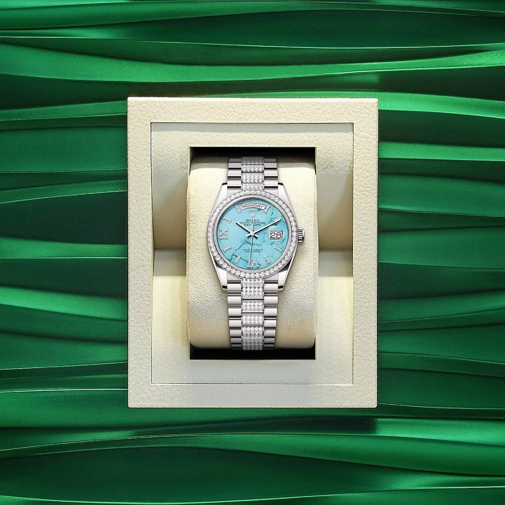 Rolex Day Date 36mm - Ref: 128349RBR - Tiffany Blue Turquoise Diamond Dial & Diamond Bezel, 18K White Gold & Diamonds President Bracelet Watch