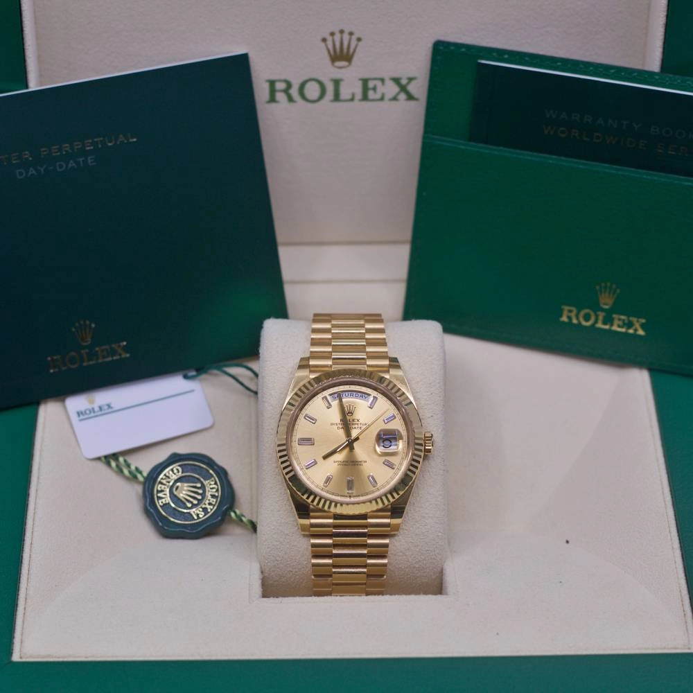 Rolex Day Date 40mm - Ref: 228238-0005 - Champagne Diamond Dial & Fluted Bezel, 18K Yellow Gold President Bracelet Men's Watch
