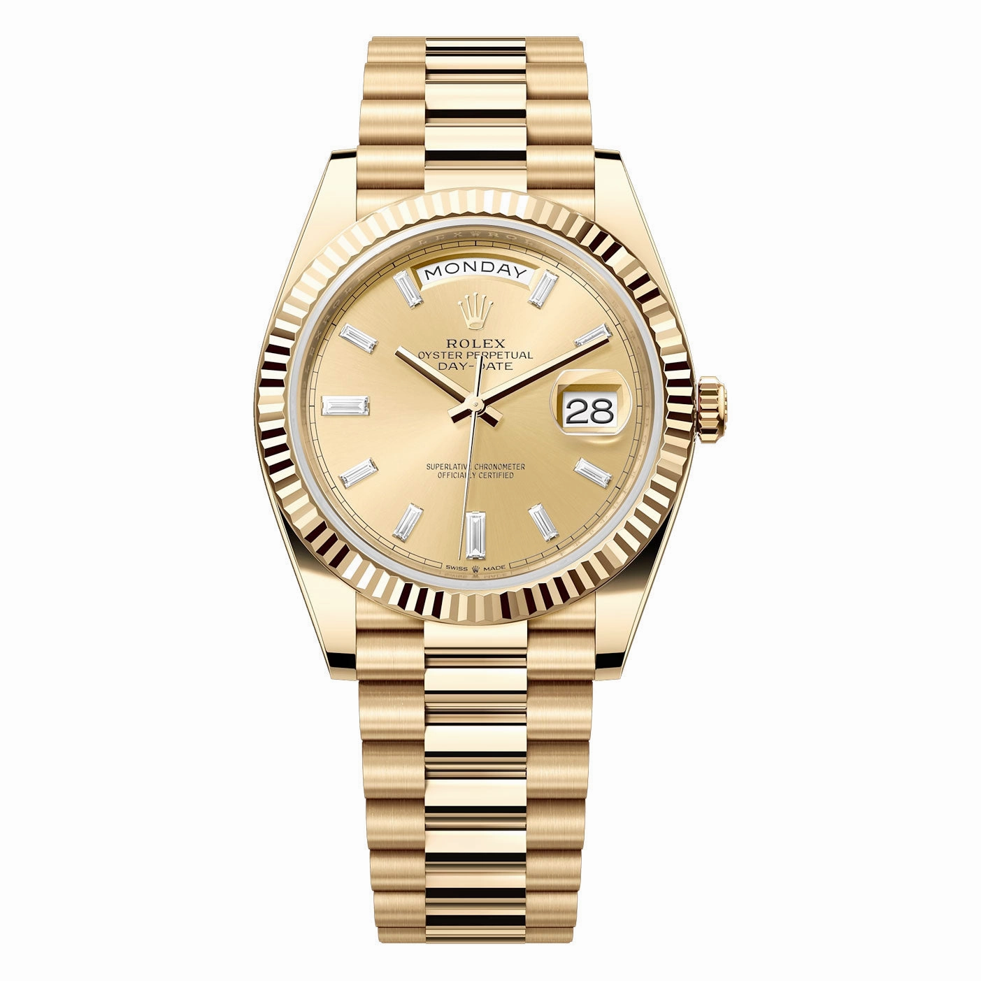 Rolex Day Date 40mm - Ref: 228238-0005 - Champagne Diamond Dial & Fluted Bezel, 18K Yellow Gold President Bracelet Men's Watch
