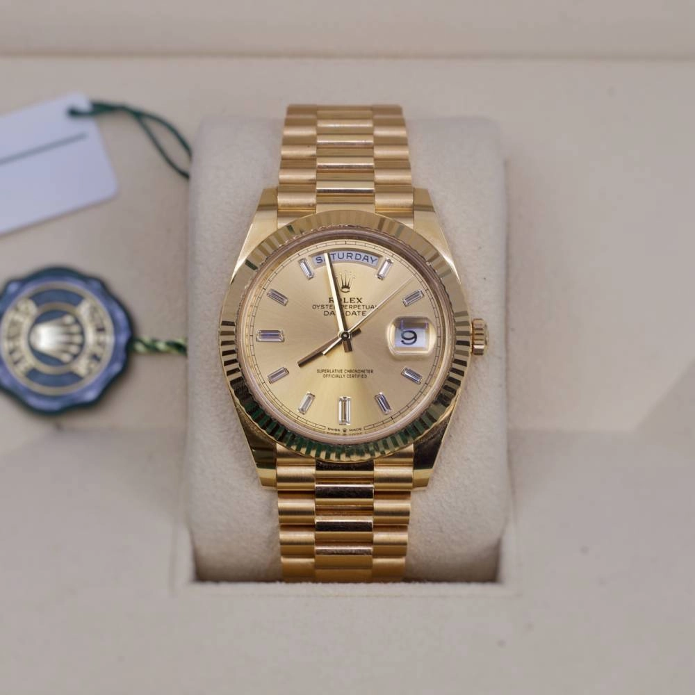 Rolex Day Date 40mm - Ref: 228238-0005 - Champagne Diamond Dial & Fluted Bezel, 18K Yellow Gold President Bracelet Men's Watch