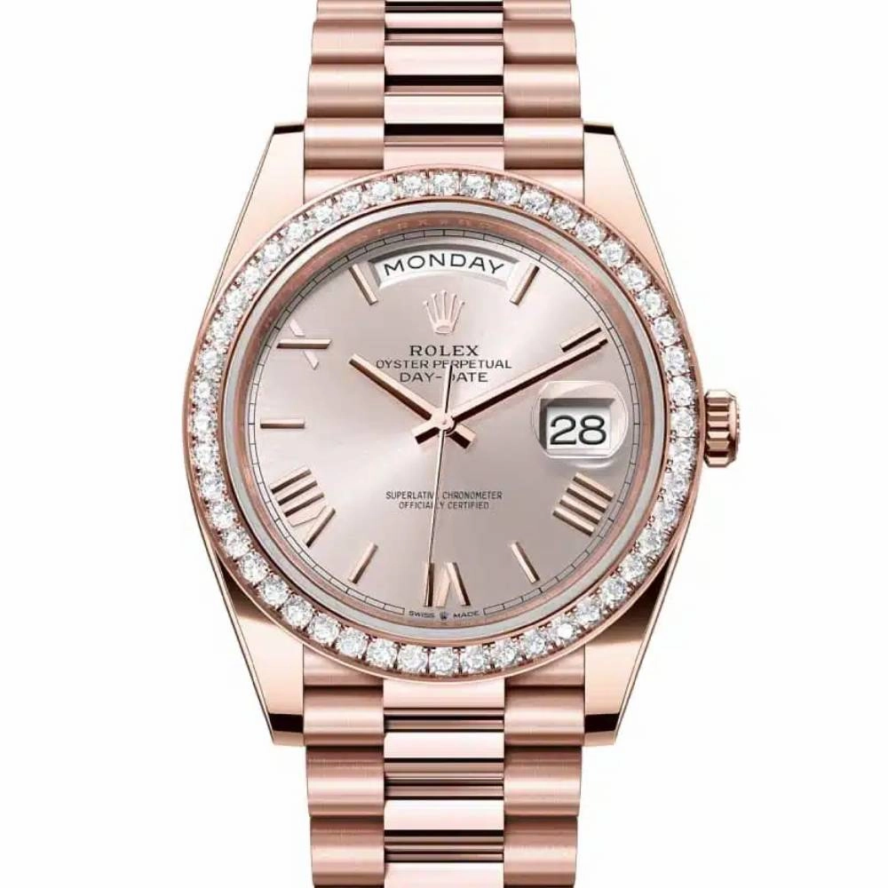 Rolex Day Date 40mm - Ref: 228345rbr-0008 - Sundust Roman Dial & Diamond Bezel, 18K Rose Gold President Bracelet Men's Watch